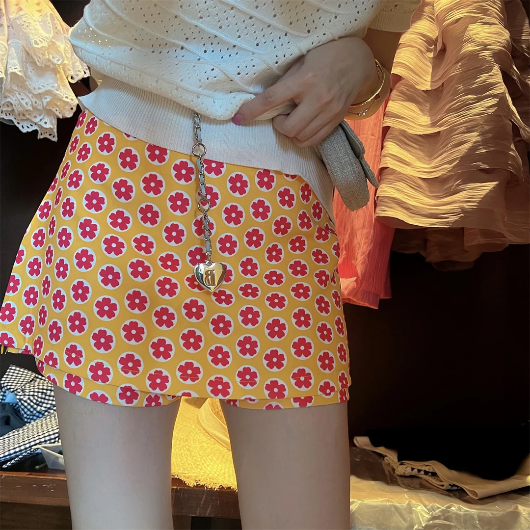JENNIFER JXLIU～度假超美亮眼橘色印花小碎花超短裙含短裤半身裙