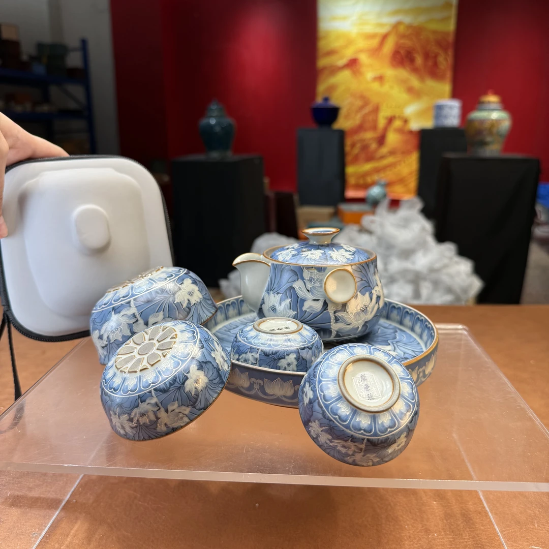 秋香茶具 掐银丝蓝彩荷花双耳铜钱旅行茶具户外便携式旅行茶具