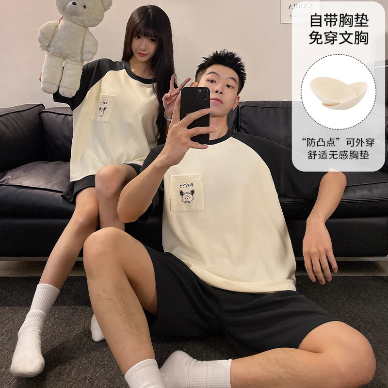 带胸垫情侣睡衣女夏季短袖少女甜美卡通男士薄款可外穿家居服套装