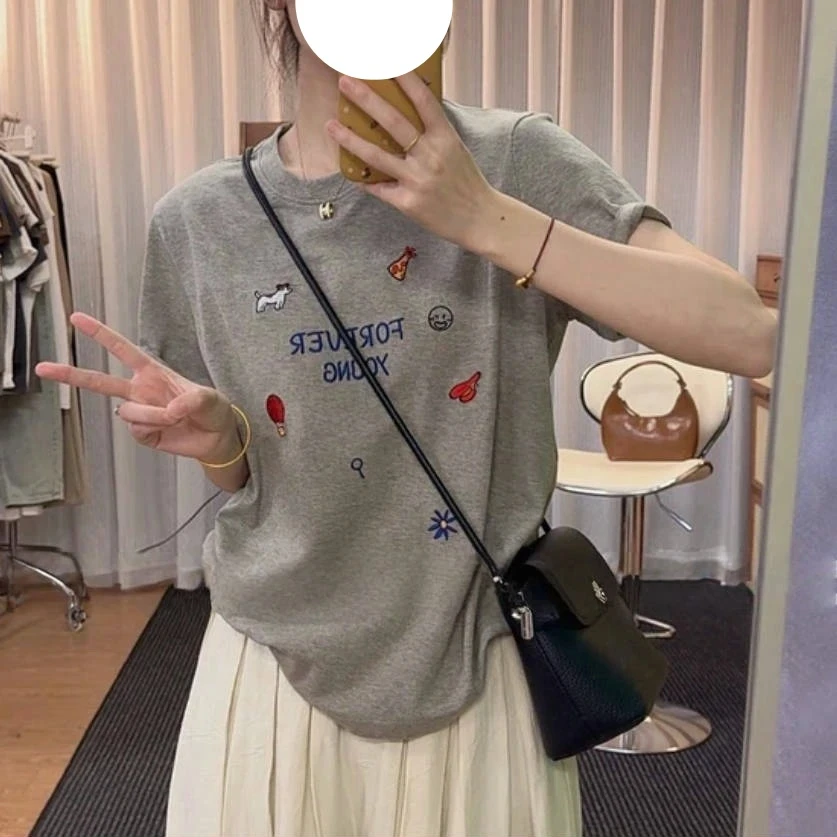 韩版风正肩印花短袖T恤女2025夏季新款少女百搭休闲时