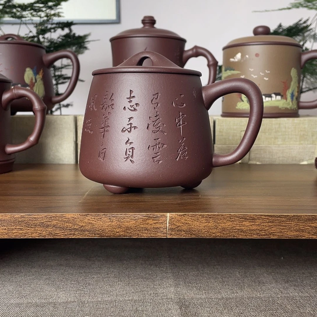 紫砂茶杯石瓢刻绘500cc