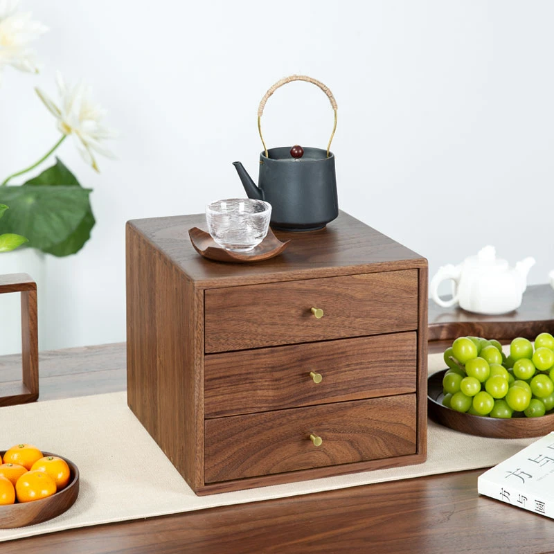 （精选已开价）园丰 原木北美黑胡桃三层大号抽屉柜茶饼柜25*25*21