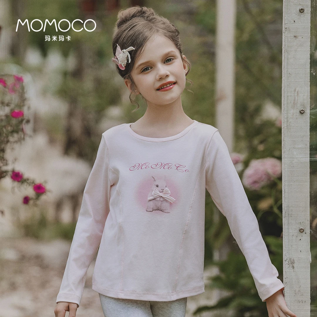 MOMOCO2025款秋季女童甜美卡通印花小兔子T恤77780235010