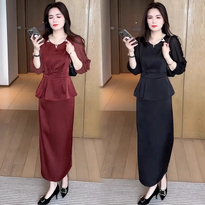 时尚套装女2025春季新款洋气百搭收腰显瘦七分袖上衣半身裙两件套