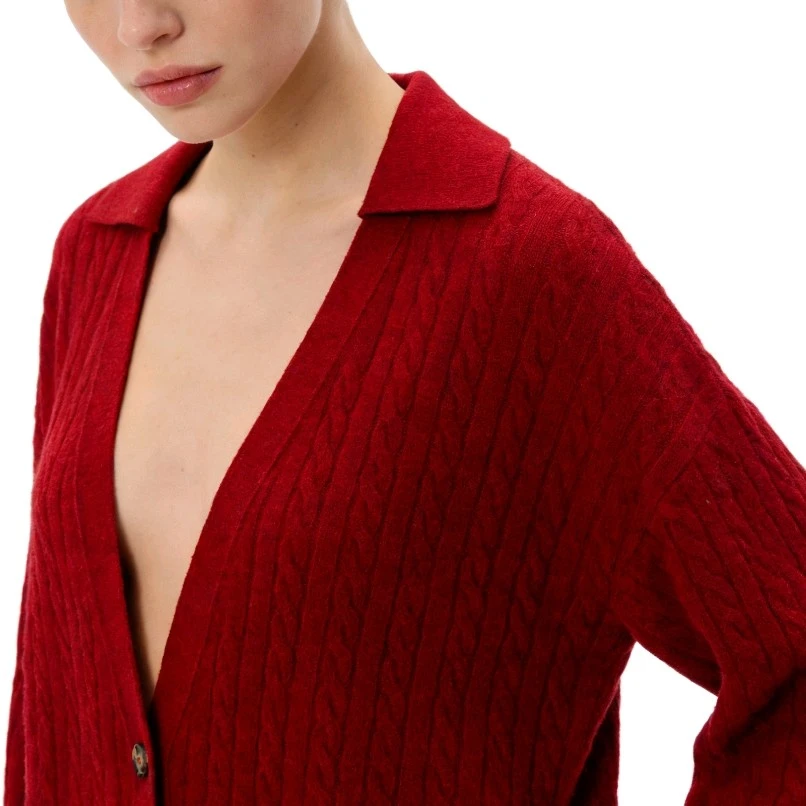 纯色100纯山羊绒复古翻领麻花纹针织开衫女士新款宽松毛衣外套