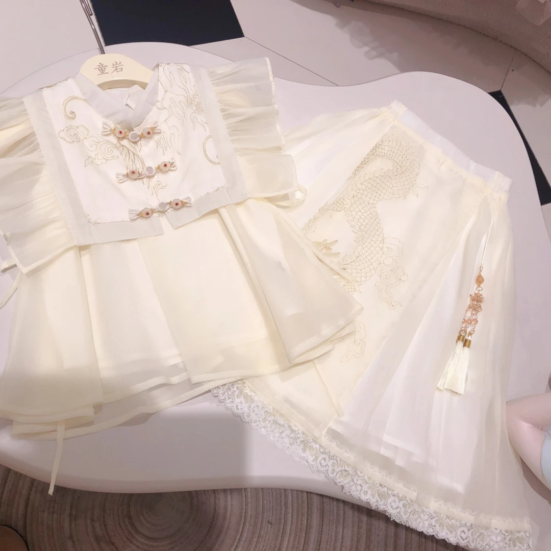 【现货】甜汐童装2025年夏季新款女童公主古风套装252-TX-90085杏色