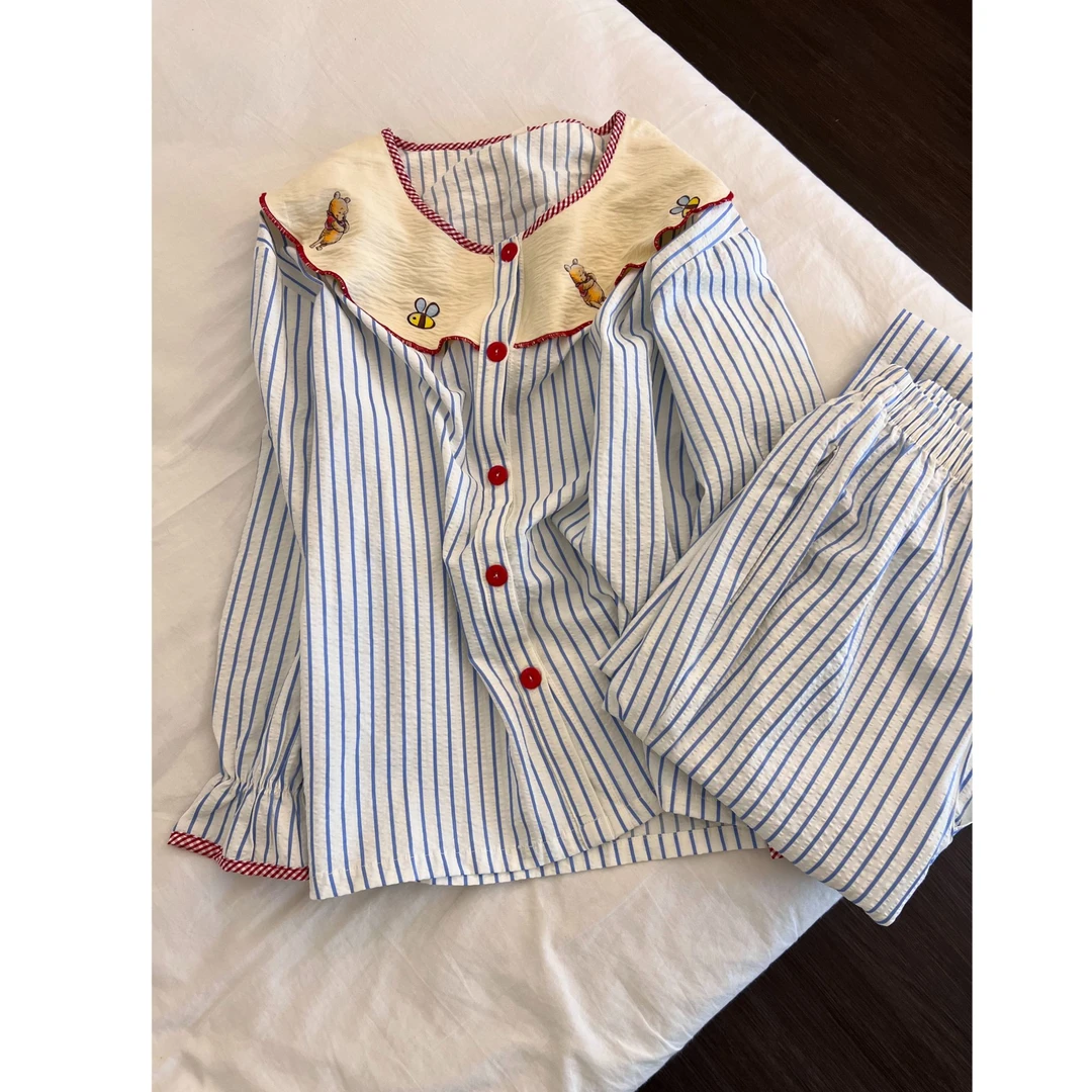 韩版条纹娃娃领维尼熊印花睡衣女春秋新款长袖长裤居家套装可外穿