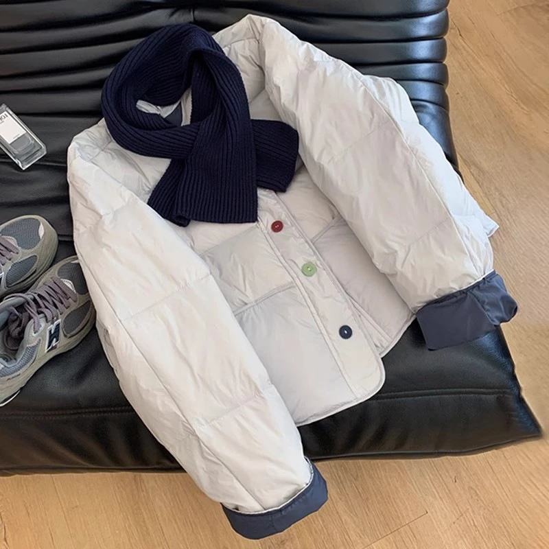 【送围巾】奶蓝色棉服女秋冬季百搭宽松撞色圆领短款棉衣外套