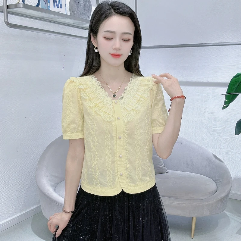 A8306法式V领短袖衬衫女夏季新款时尚百搭气质显瘦小衫上衣
