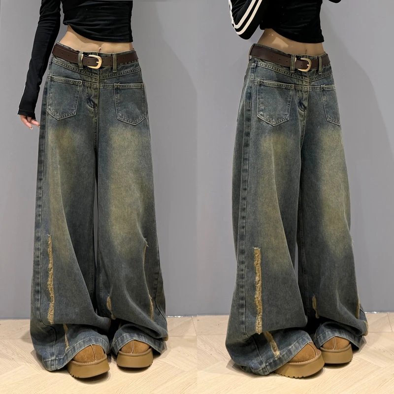 300斤大码女装美式做旧毛边牛仔裤女2025新款胖mm宽松显瘦阔腿裤