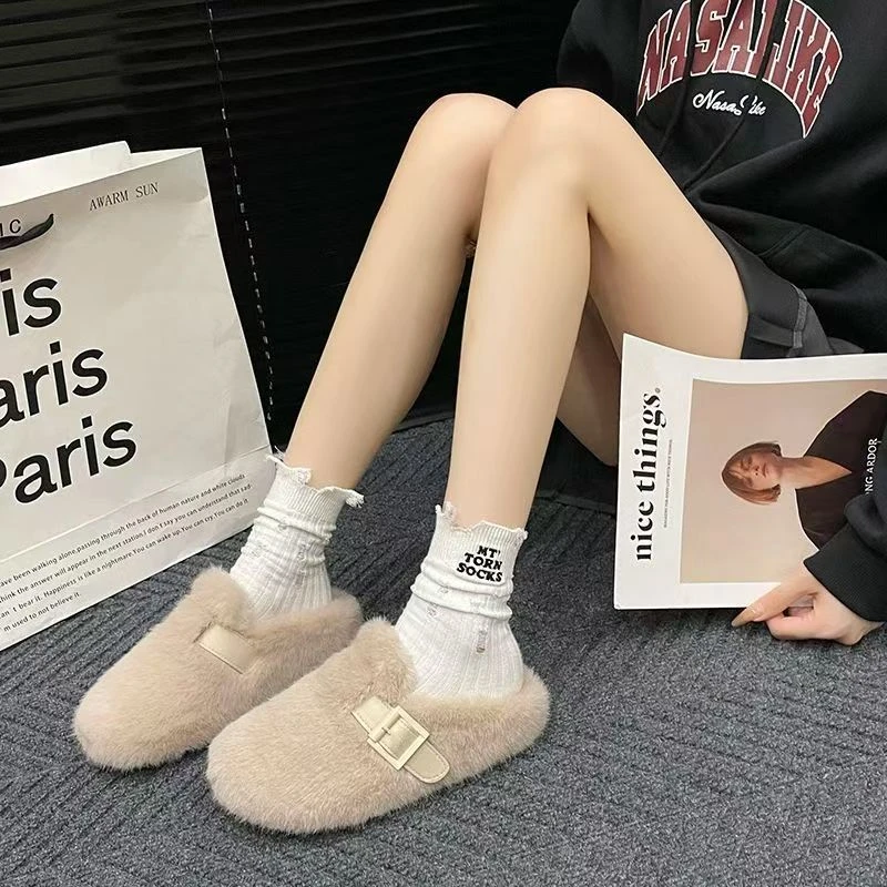 白色法式毛毛鞋女秋冬款时尚加绒加厚保暖一脚蹬软底拖鞋