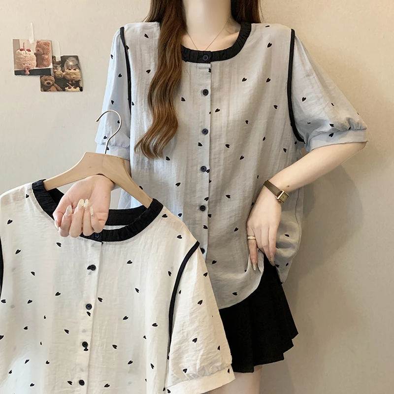 2025夏装新款胖mm大码女装甜美撞色字母印花小衫衬衫上衣35559
