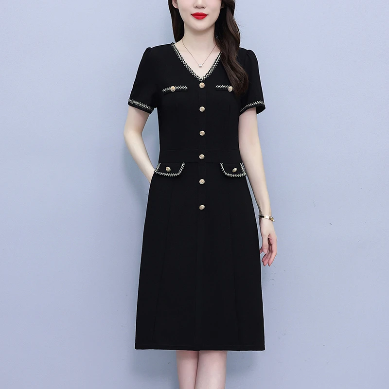 胖MM时尚减龄小香风气质百搭黑色连衣裙新款夏季藏肉高级感连衣裙