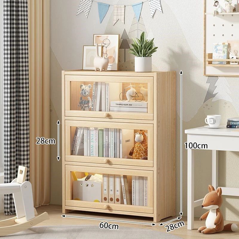 松木书柜上翻透明门学生书籍收纳柜多层落地实木书架子玩具收纳柜