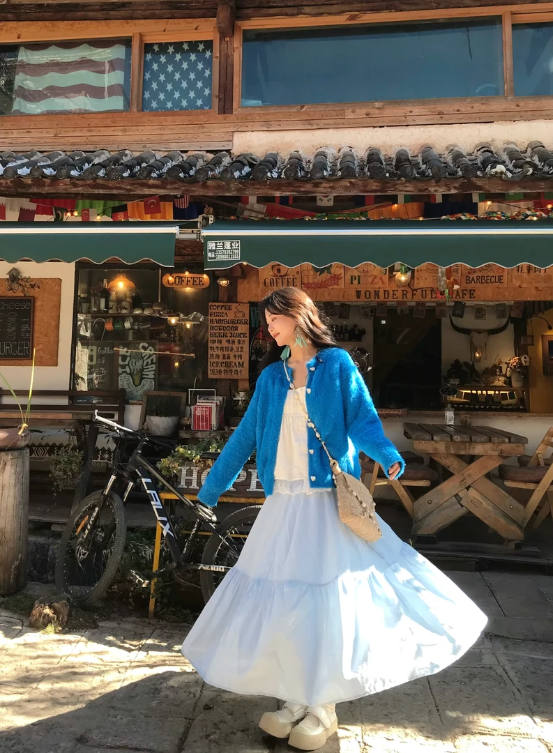 安安崽小个子穿搭【海域物语】时尚套装蓝色毛衣开衫+A字半身裙