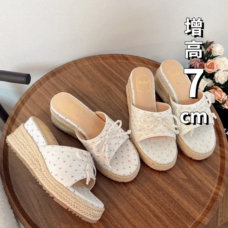 7CM高跟厚底凉拖鞋夏季外穿小个子增高时尚蝴蝶结坡跟一字凉拖鞋