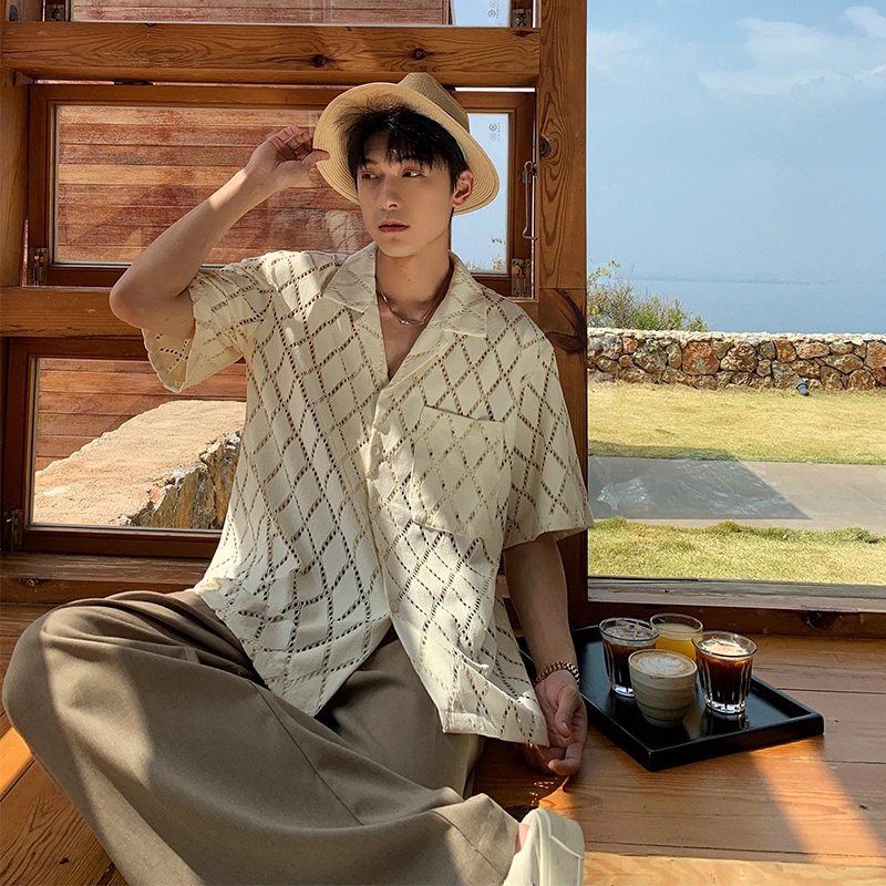 一轩轩轩【夏树梨花】夏季透气垂感镂空衬衫男款短袖老钱风衬衣5025