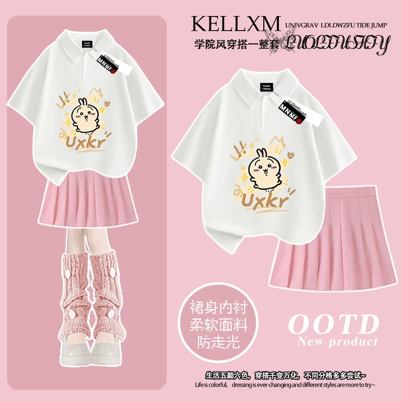 卡通吉伊卡哇印花夏季女童polo衫短袖短裙套装宽松百搭中大童上衣