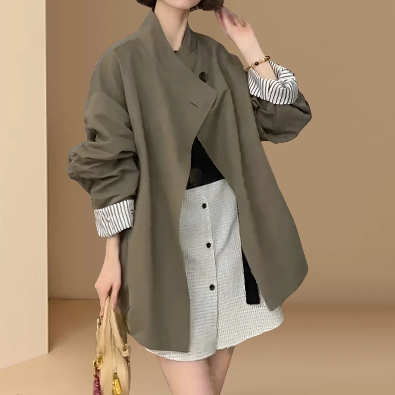 2025春秋新款欧洲站立领条纹撞色褶皱风衣外套女上衣宽松时尚夹克