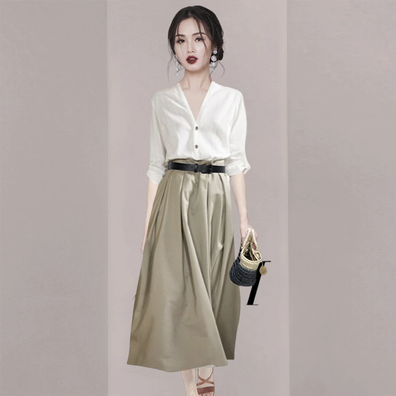 衬衫大摆半身裙套装裙女2025年春季新款宽松慵懒风休闲两件套