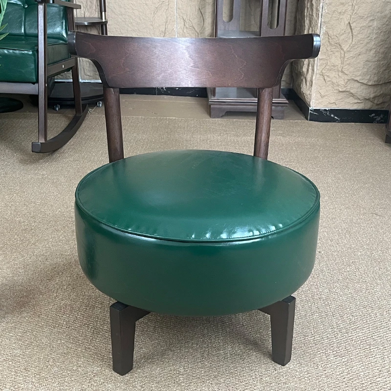 东林记复古皮质单人沙发椅新中式休闲椅阳台茶几凳