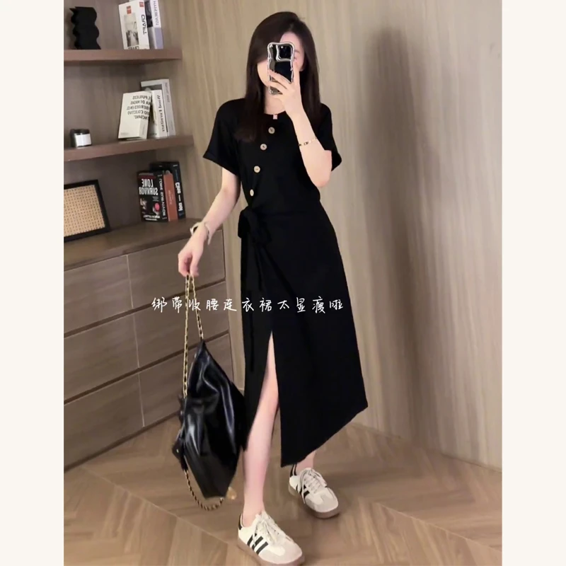 大码女装极简风百搭圆领中长裙胖mm宽松显瘦高腰夏季连衣裙