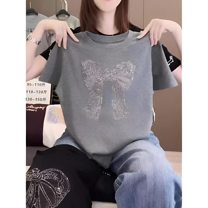 T恤打底衫上衣女夏季新款时尚百搭小众洋气圆领灰色烫钻纯棉短袖