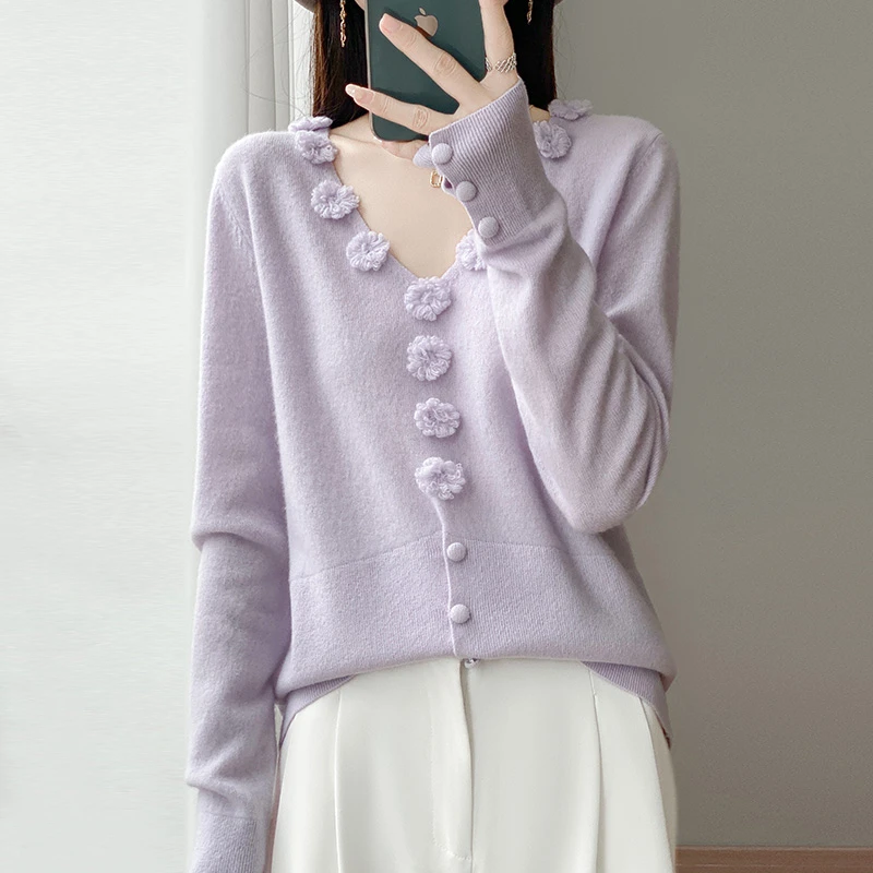 重工设计100纯羊毛衫女V领小雏菊针织衫新款百搭羊毛套头打底衫