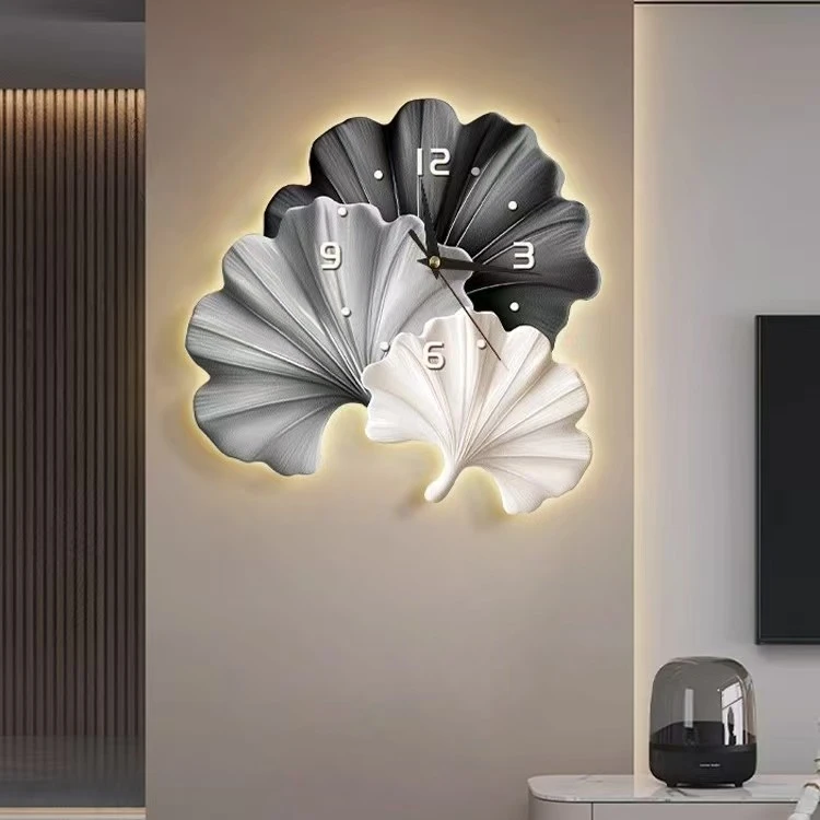 新款银杏叶挂钟装饰画创意高级感挂墙时钟壁饰挂画客厅玄关背景墙