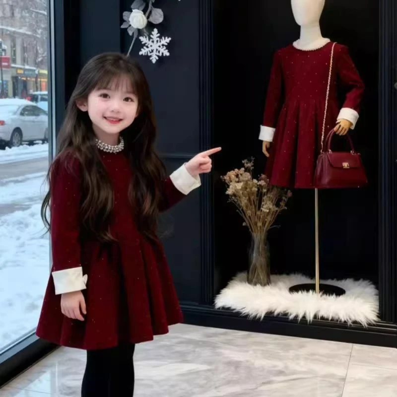 女童新年拜年服加绒连衣裙冬季新款小女孩名媛风生日裙公主丝绒裙