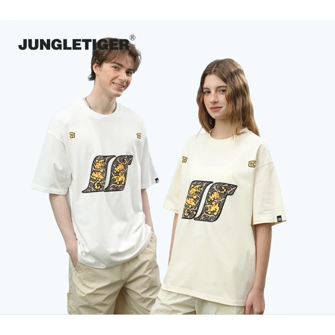 丛林老虎潮牌虎啸荆棘logo发泡短袖T恤男女宽松纯棉重磅情侣半袖