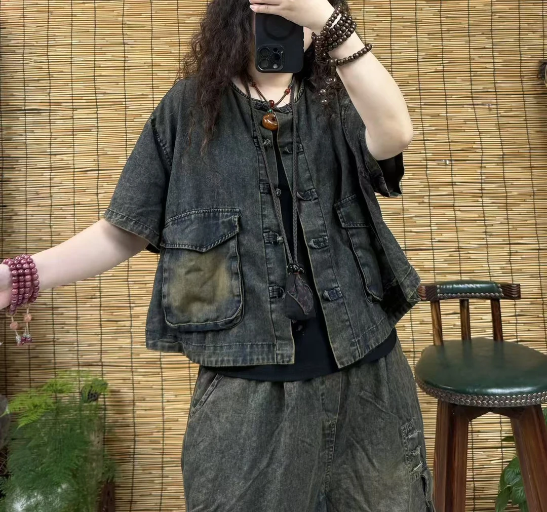 52932夏款翻盖口袋盘扣薄牛仔衣（长58左右，90-160斤）
