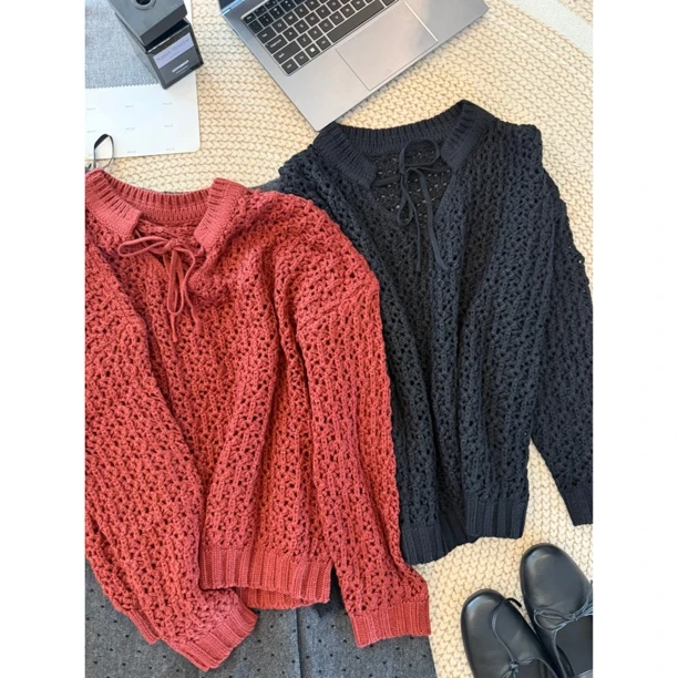 “里约日落”羊毛法式手工钩花肌里慵懒蝴蝶结套头衫
