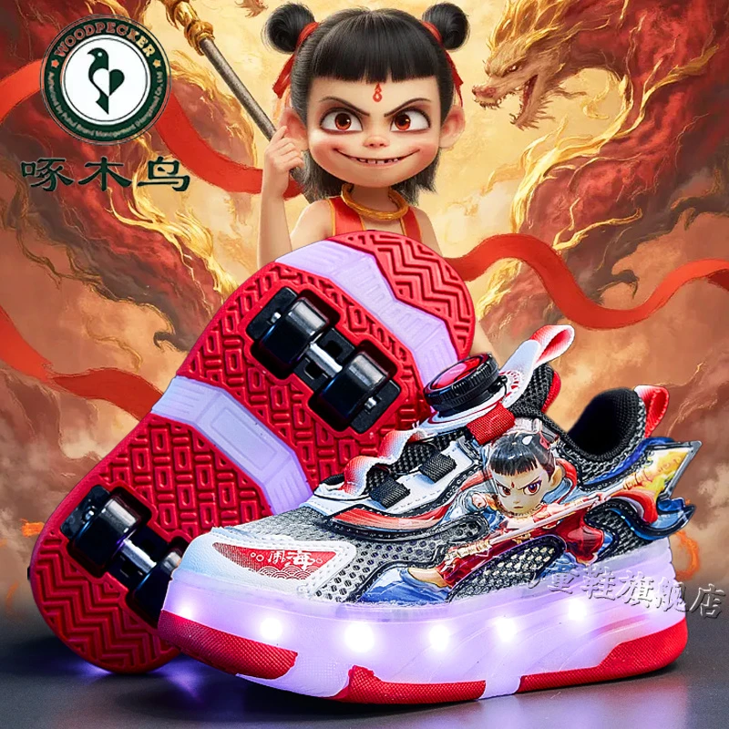 啄木鸟哪吒男童暴走鞋2025新款夏季儿童滑轮鞋透气单网四轮溜冰鞋