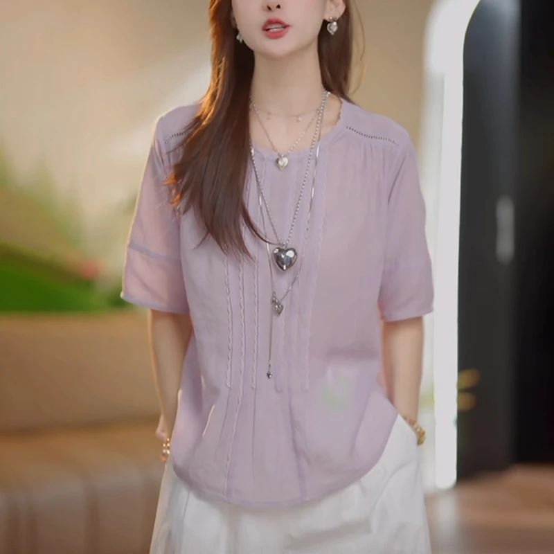 紫色高级感休闲短袖衬衫女夏季2025新款宽松显瘦时尚减龄褶皱上衣