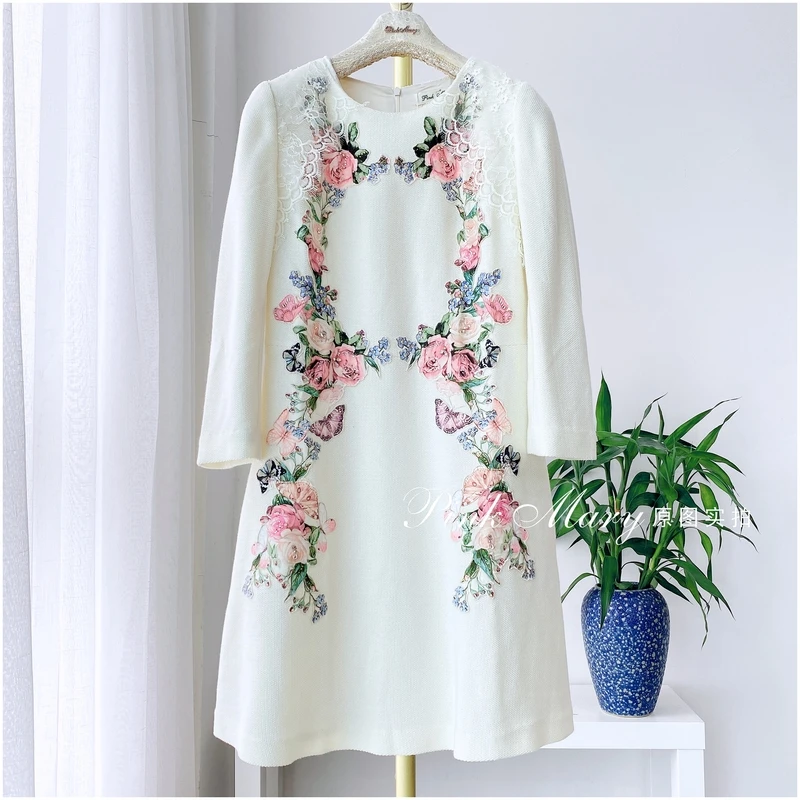 PinkMary粉红玛琍米白色圆领夏季长袖连衣裙女装子女简约时尚印花