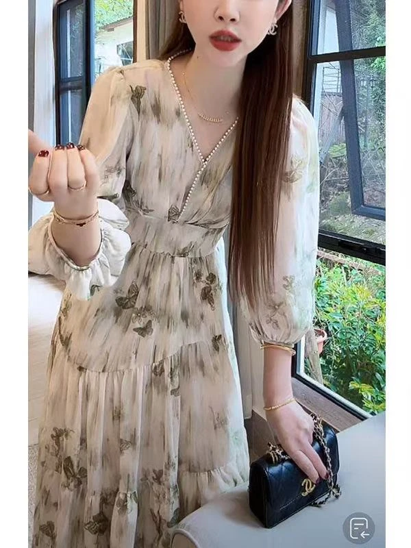女装长裙连衣裙碎花中长裙收腰V领中长款时尚高腰阴阳师联名