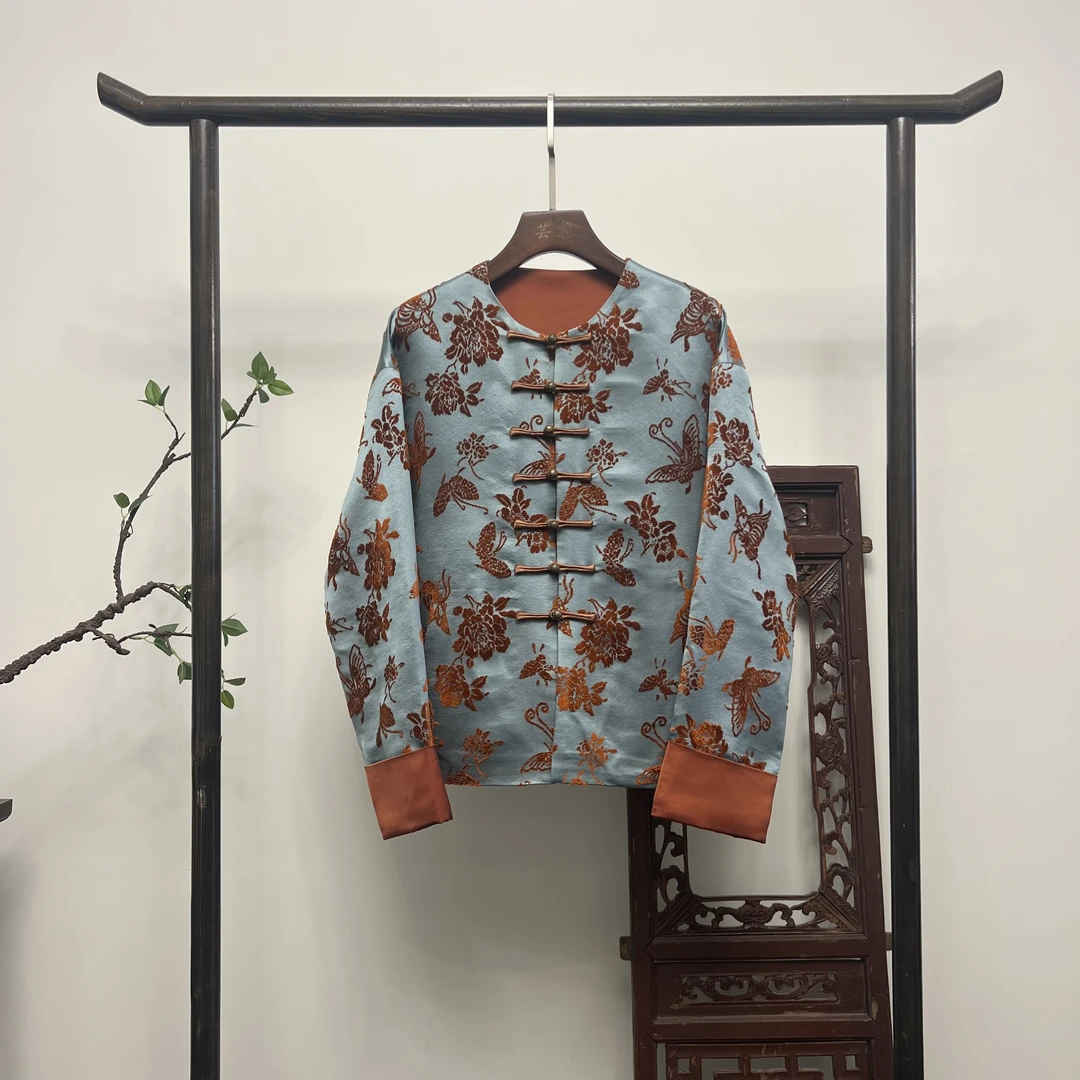 【嫣然】非遗全熟丝漳绒缎外套国风桑蚕丝上衣W50151