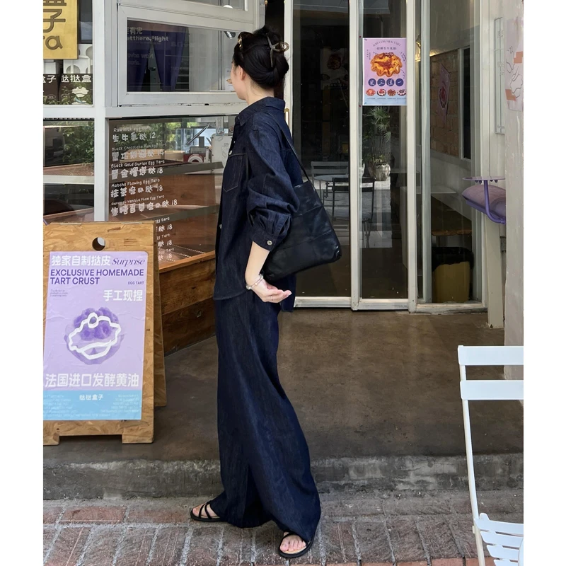 原色丹宁复古设计感牛仔套装女春秋新款气质宽松衬衫外套显瘦长裤