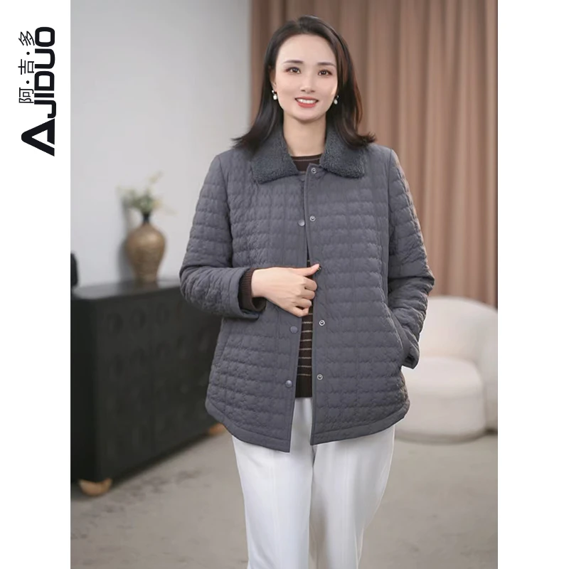 阿吉多A23138翻领长袖灰色棉服外套女2025秋冬新款百搭保暖短外套