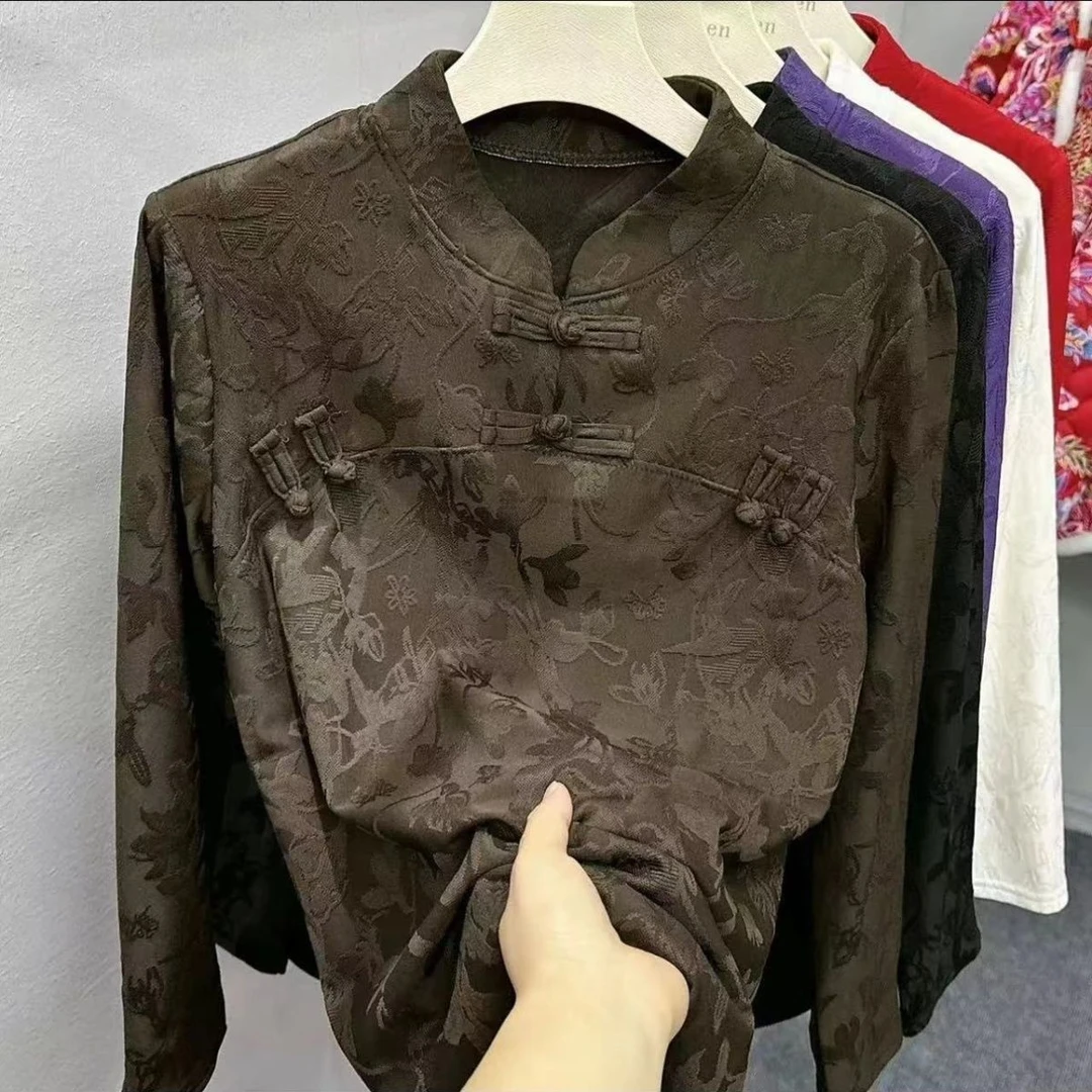 中式新款长袖薄绒提花上衣时尚洋气旗袍气质修身复古国风立领打底