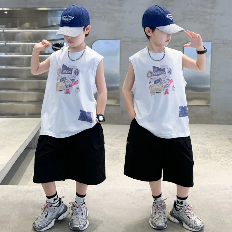 儿童夏装无袖套装男童夏季工装洋气两件套男孩痞帅休闲无袖短裤潮