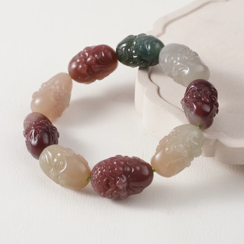 秦臻玉手工雕紫绿玛瑙罗汉珠串天然无任何优化石英岩质玉轻奢定制