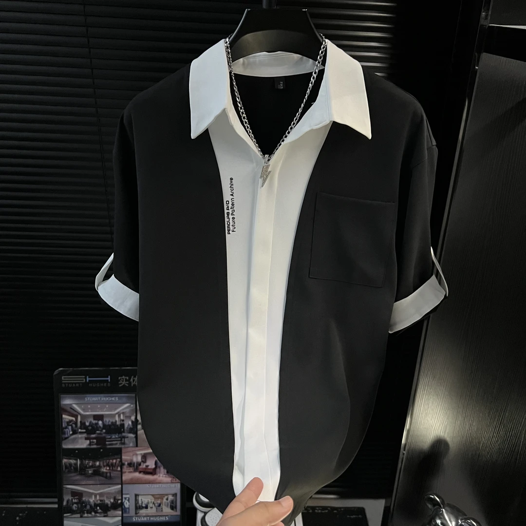 H-拼接丝质衬衫男士夏季薄款痞帅高级感休闲开衫时尚百搭衬衣