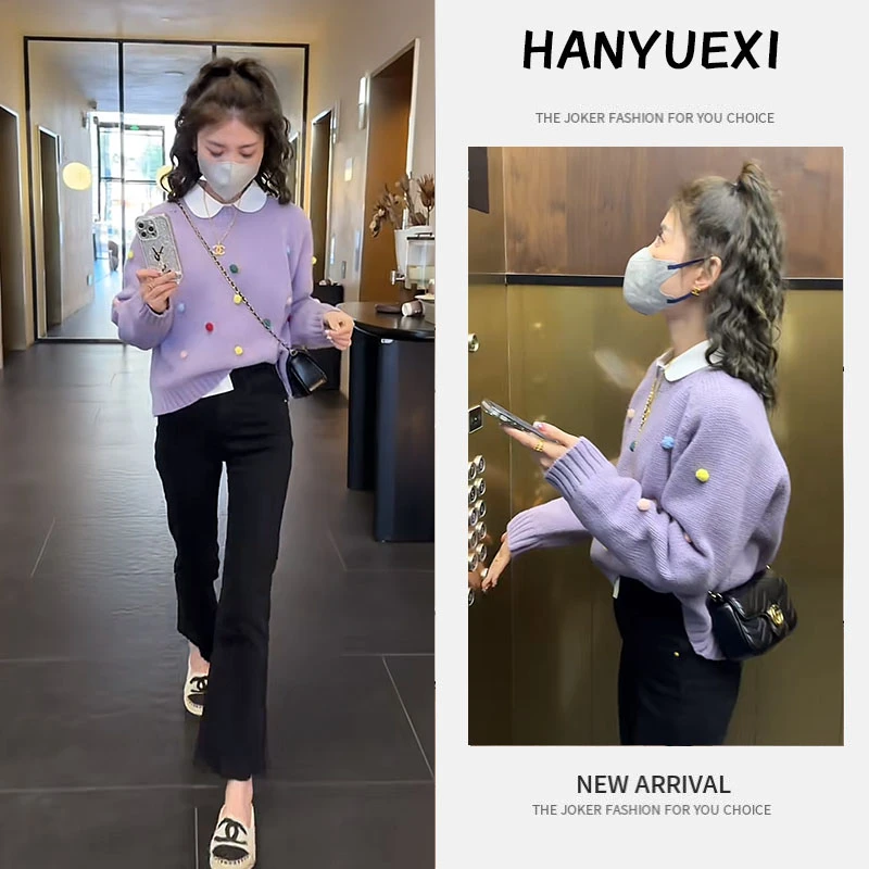 早春时尚一整套女装2025新款韩版娃娃领衬衫设计感毛衣裤子三件套