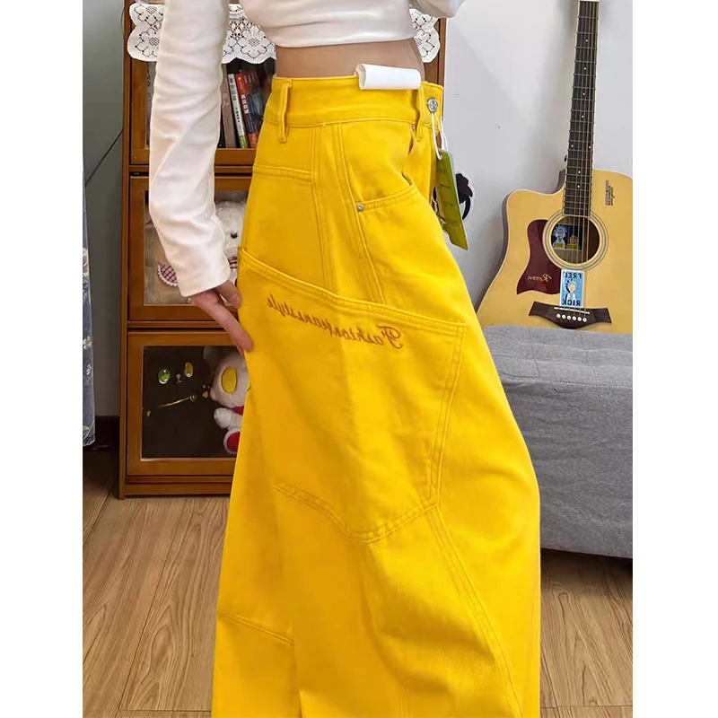 活力黄色刺绣阔腿弯刀裤女秋季2025新款高腰显瘦拼接设计感香蕉裤