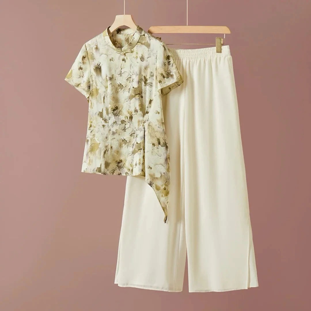 JIRUIMAN/吉瑞曼夏季国风立领印花短袖上衣搭阔腿裤两件套XT063