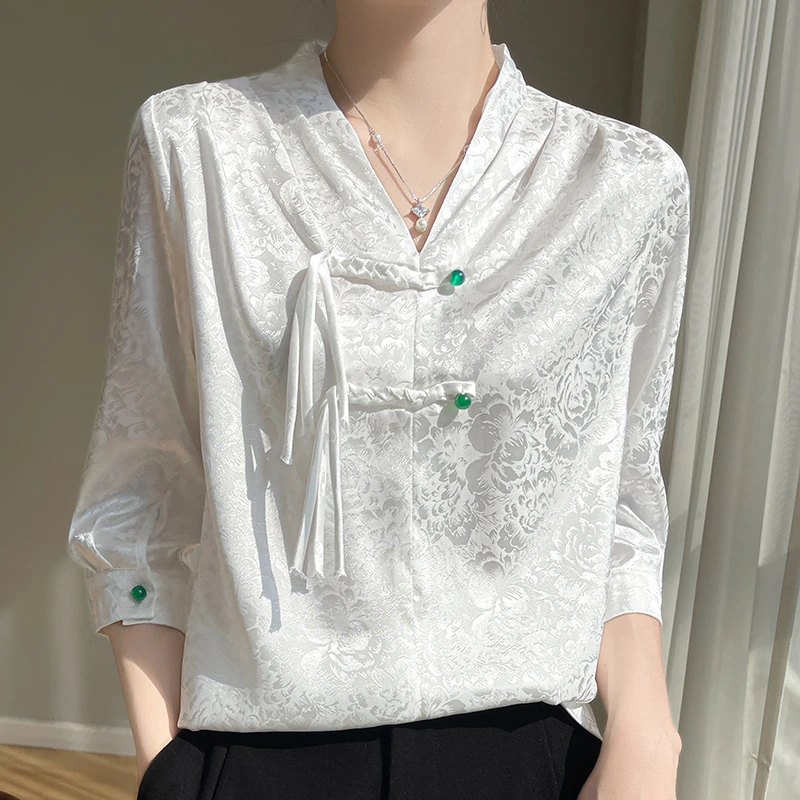 醋酸缎面盘扣流苏新中式国风七分袖衬衣女V领套头中袖上衣短袖T恤