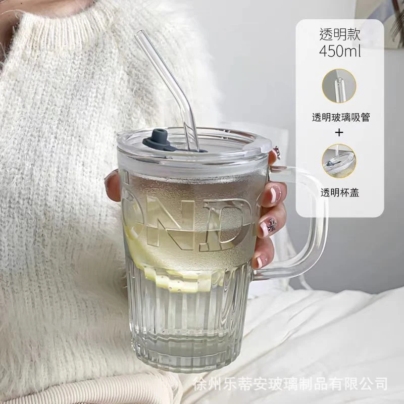 高颜值玻璃杯带盖子吸管便携杯子女喝水杯大容量把手杯高感杯子
