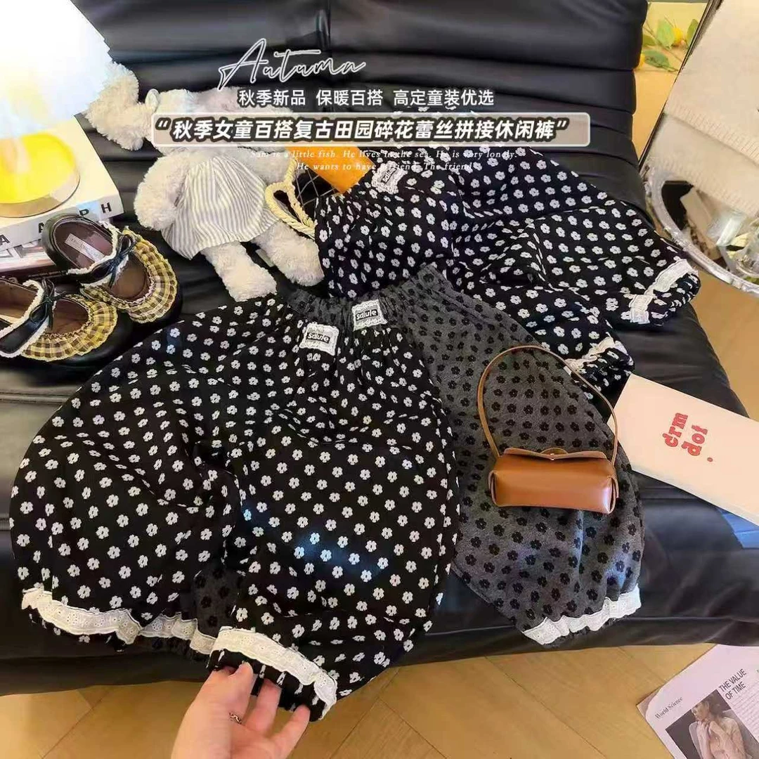 【校园百搭神裤】秋季新品花朵女童百搭复古田蕾丝拼接休闲裤